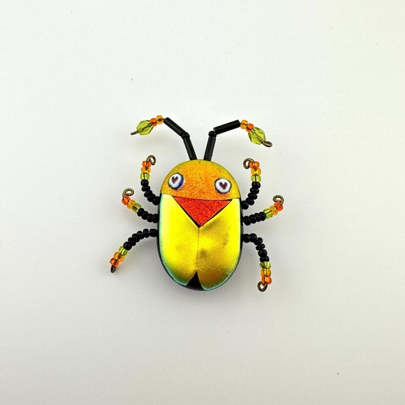 Multicolor Shimmery Dichroic Art Glass Beaded Scarab Bug Insect Brooch 1.5" OOAK - Picture 14 of 14